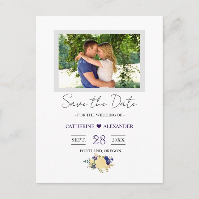 Save the Date - Navy Blue Yellow Floral Photo Postcard (Front)