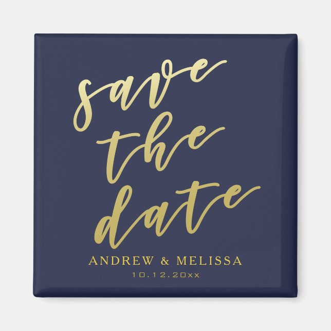 Save the date | Navy & Faux Gold Script Magnet (Front)