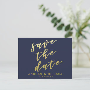 Save the date   Navy & Faux Gold Script Postcard