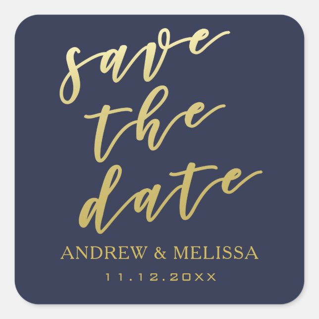 Save the Date | Navy & Gold Script Wedding Sticker (Front)