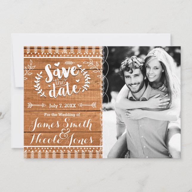 Save the Date Oak Wood Rustic Photo Invitation (Front)
