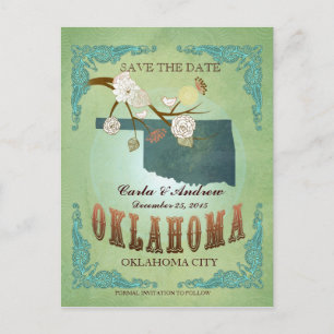Save The Date - Oklahoma Map With Lovely Birds Announcement Postcard