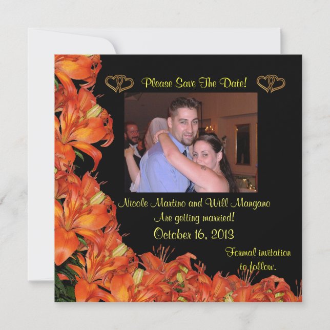 Save the date orange lilies floral invitation (Front)