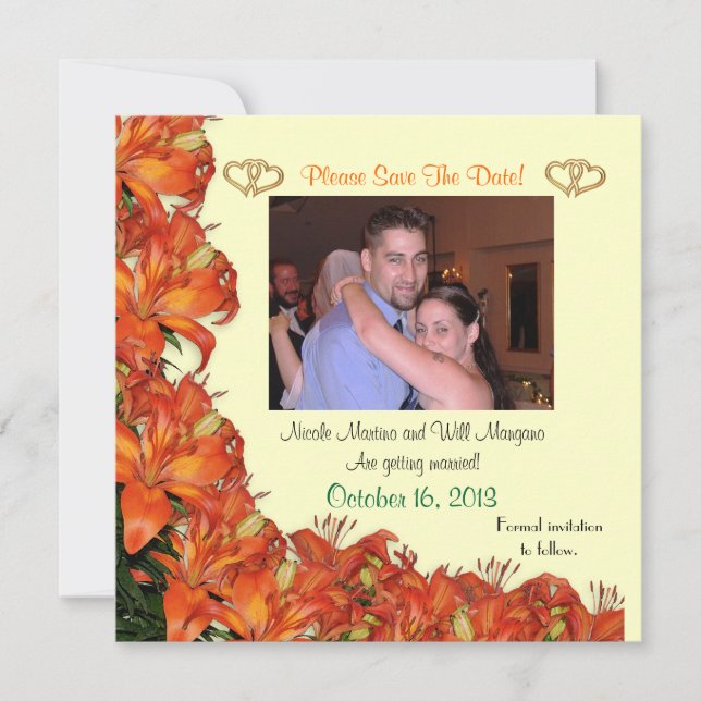 Save the date orange lilies floral w/photo invitation (Front)