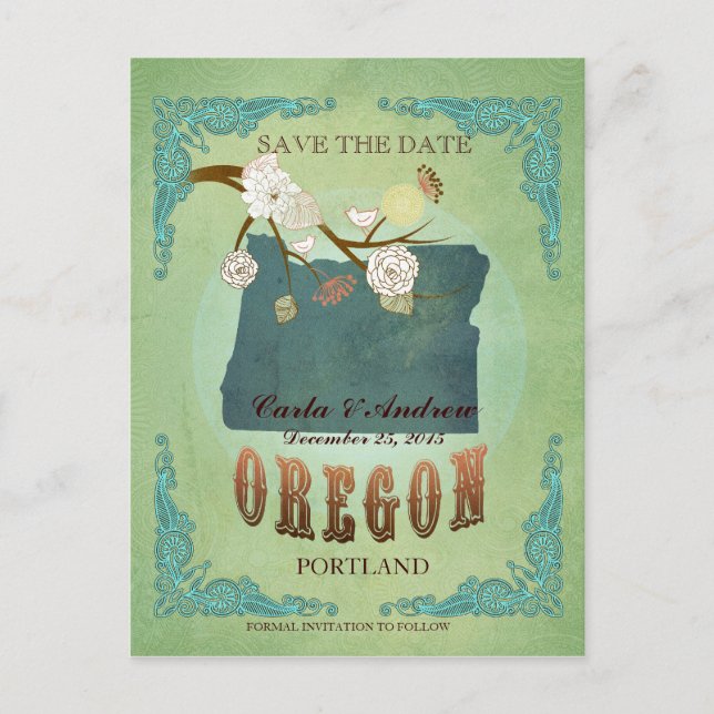 Save The Date - Oregon Map With Lovely Birds Announcement Postcard (Front)
