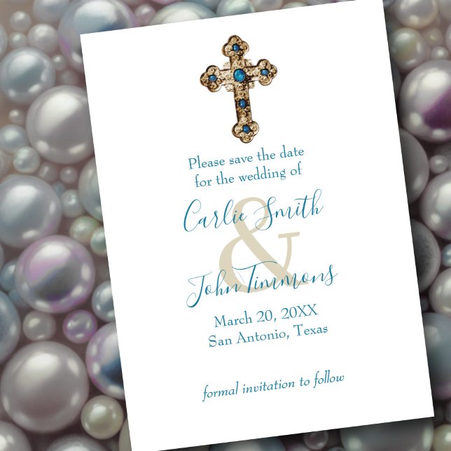Save the Date Ornate Jewelled Gold Cross Blue (Creator Uploaded)