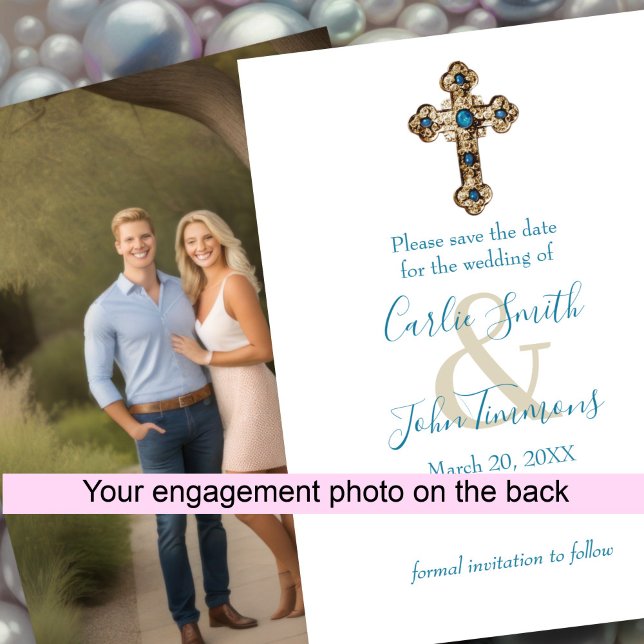 Save the Date Ornate Jewelled Gold Cross Blue Phot (Creator Uploaded)