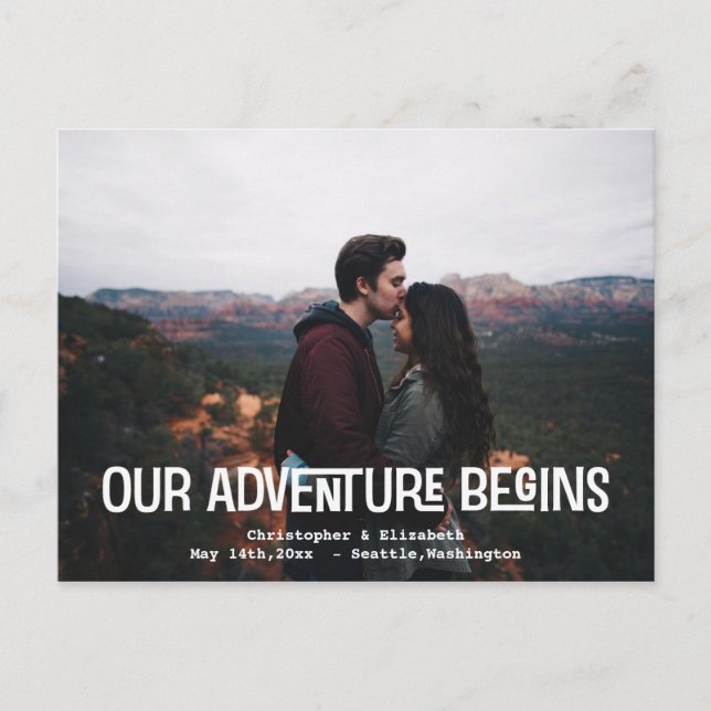Save The Date Our Adventure Wedding Engagement Postcard (Front)