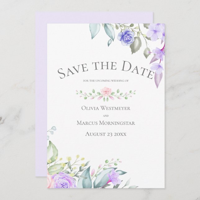 Save the Date Pale Lilac and Pink Flowers Invitation (Front/Back)