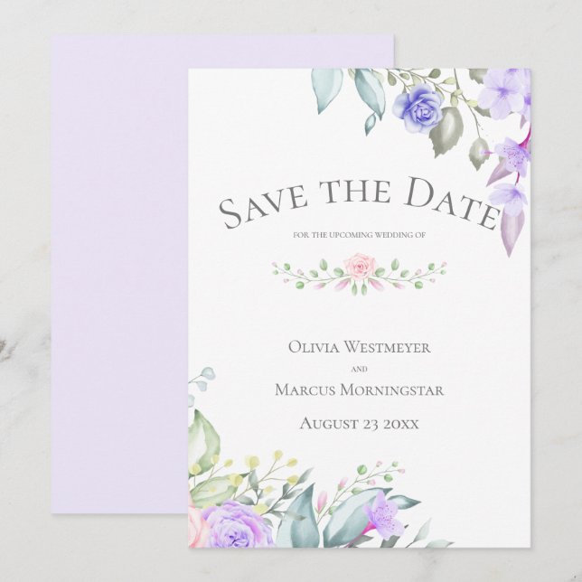 Save the Date Pale Lilac and Pink Flowers Invitation (Front/Back)