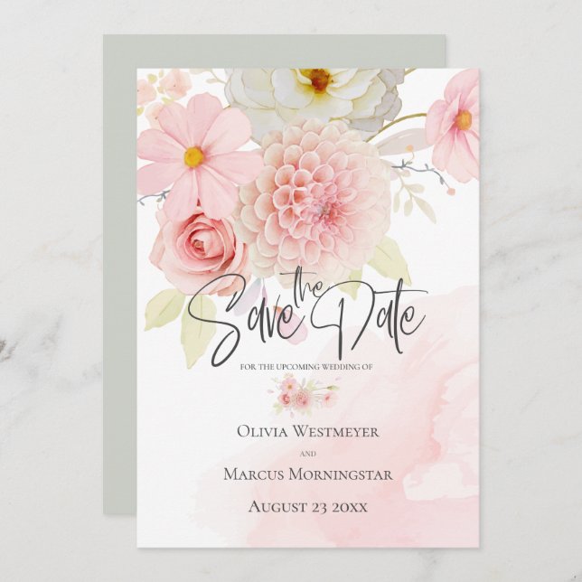 Save the Date Pale Pink Cottage Flowers Invitation (Front/Back)