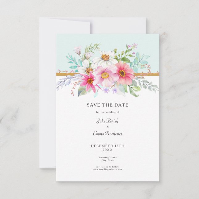 Save the Date Pale Turquoise Wildflower Bouquet (Front)
