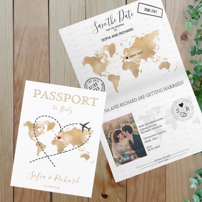 Save the Date Passport Gold World Map Invitation (Creator Uploaded)