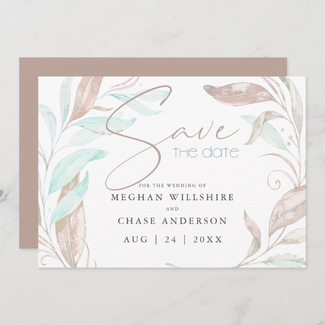 SAVE THE DATE | Pastel Coral Aqua Leaves (Front/Back)