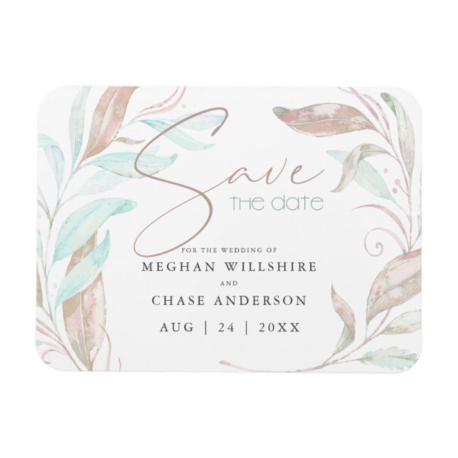 SAVE THE DATE | Pastel Coral Aqua Leaves Magnet (Horizontal)