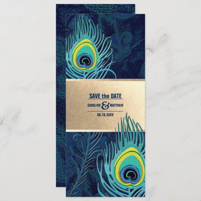 Save the Date. Peacock Feather Navy Blue Gold Invitation (Front/Back)
