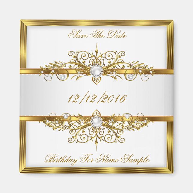 Save The Date Pearls White Gold Birthday Party Magnet (Front)