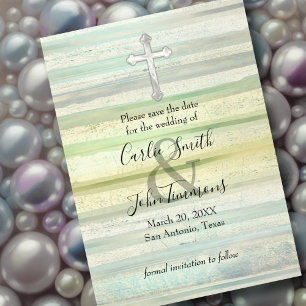 Save the Date Pearly Cross Soft Cool Colour Stripe