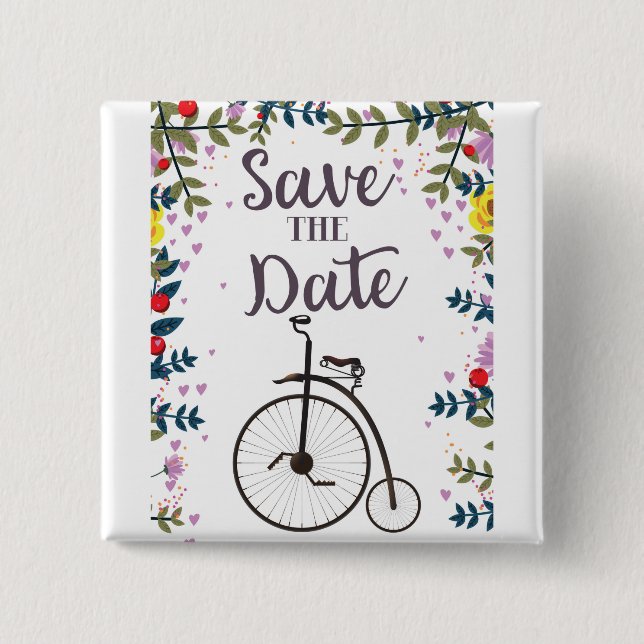Save the Date Penny Farthing 15 Cm Square Badge (Front)