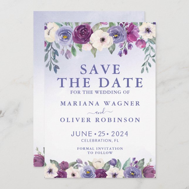 Save the Date Periwinkle Fuchsia Blush Floral Invitation (Front/Back)