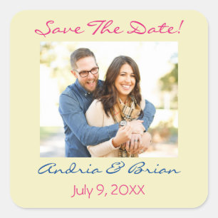 Save The Date/ Personalise Photo/Pale Yel, Fuchsia Square Sticker