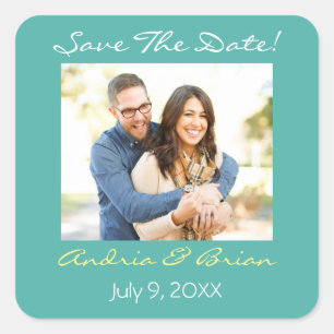 Save The Date/ Personalise Photo/Teal White Yellow Square Sticker