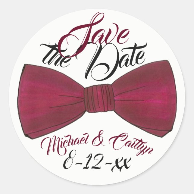 Save the Date Personalised Wedding Groom Bowtie Classic Round Sticker (Front)