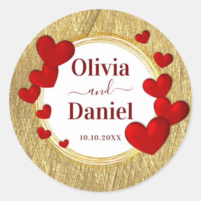 Save the Date, Personalized Wedding Red Hearts  Classic Round Sticker (Front)