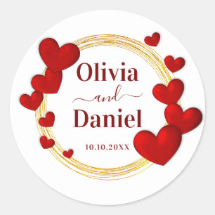 Save the Date, Personalized Wedding Red Hearts  Classic Round Sticker