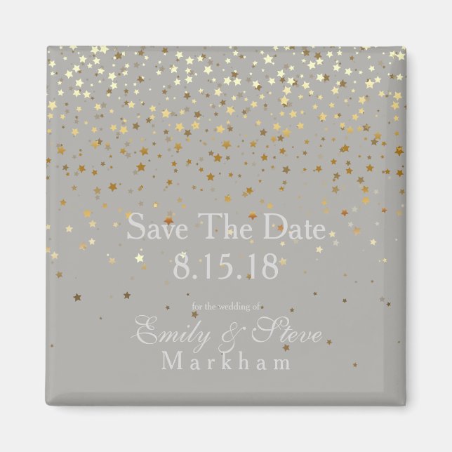 Save The Date Petite Golden Stars Magnet-Grey Magnet (Front)