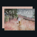 Save the Date Photo Announcement Fancy overlay<br><div class="desc">Share the news in style with these modern engagement announcements! The announcement features a white trendy lettering overlaying your horizontal engagement photo. Personalise the front of the announcement by adding your names and additional details. The card reverses to a elegant pattern.</div>