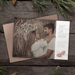 Save the date photo brown pine cone art