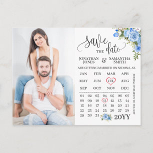 Save the Date Photo calendar Blue floral wedding Postcard