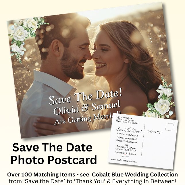 Save The Date, Photo -  Cobalt Blue & White Roses  Announcement Postcard (Creator Uploaded)