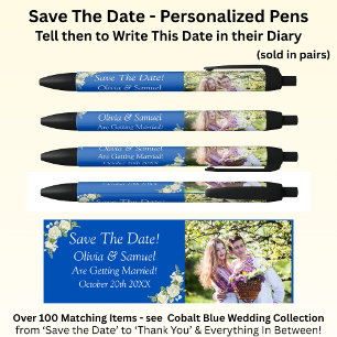 Save The Date - Photo + Cobalt Blue & White Roses Black Ink Pen