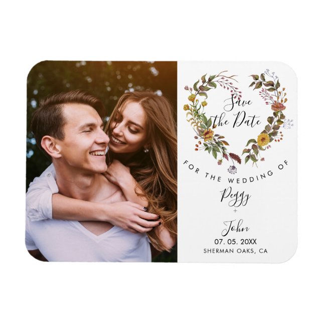 Save the Date Photo Elegant Floral Love Heart Magnet (Horizontal)