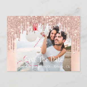 Save The Date Photo Glitter Engagement Rose Blush Announcement Postcard