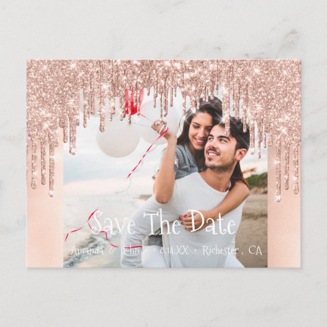 Save The Date Photo Glitter Engagement Rose Blush Announcement Postcard (Front)