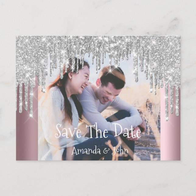 Save The Date Photo Glitter Engagement Rose Grey Announcement Postcard (Front)