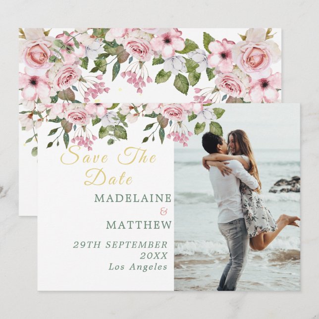 Save The Date Photo Gold Floral Elegant Wedding (Front/Back)