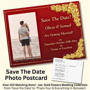 Save The Date, Photo - Gold Roses Maroon Red Announcement Postcard