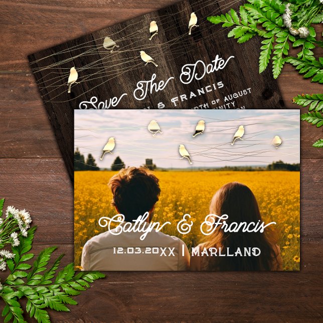 Save The Date Photo Gold Wood Country Bird Budget Invitation (Save The Date Photo Gold Wood Country Bird Budget Invitation)