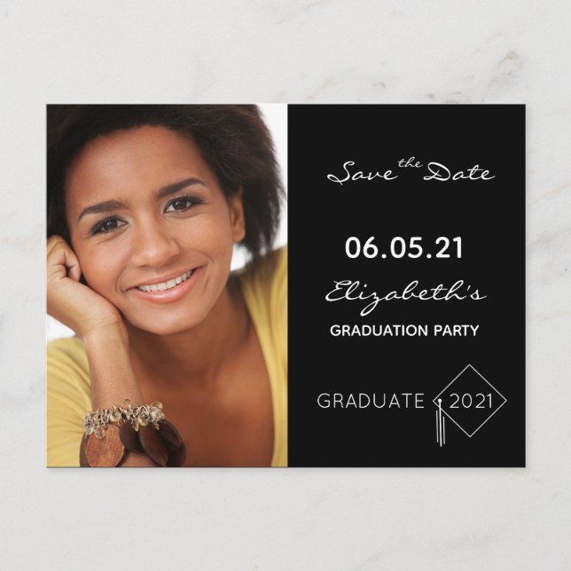 Save the Date photo graduation party black Postcard (Front)