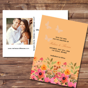 Save The Date Photo Invitation Pink Peach Flowers