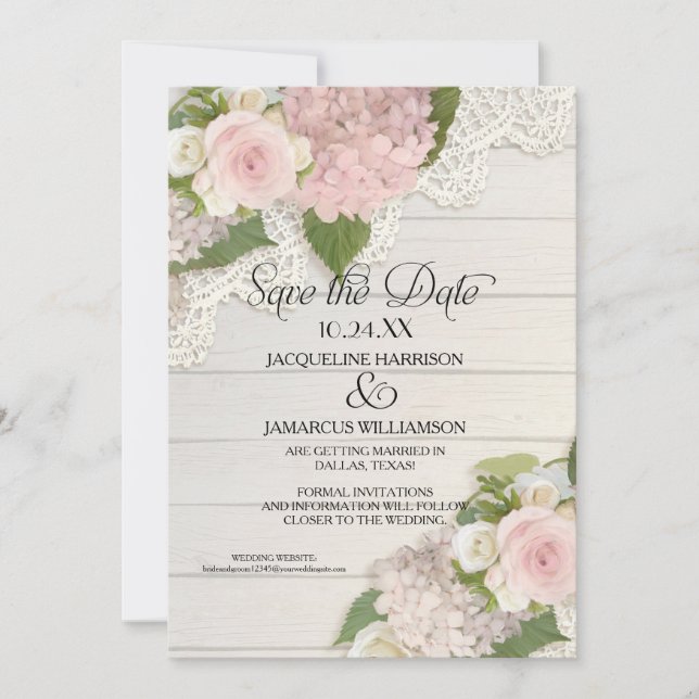 Save the Date Photo Lace Pink Hydrangea Wood Fence (Front)