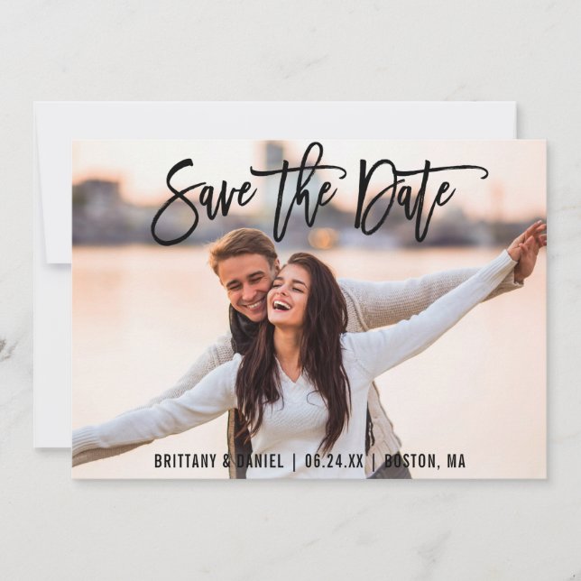 Save The Date Photo Modern Brush Script Card B (Front)