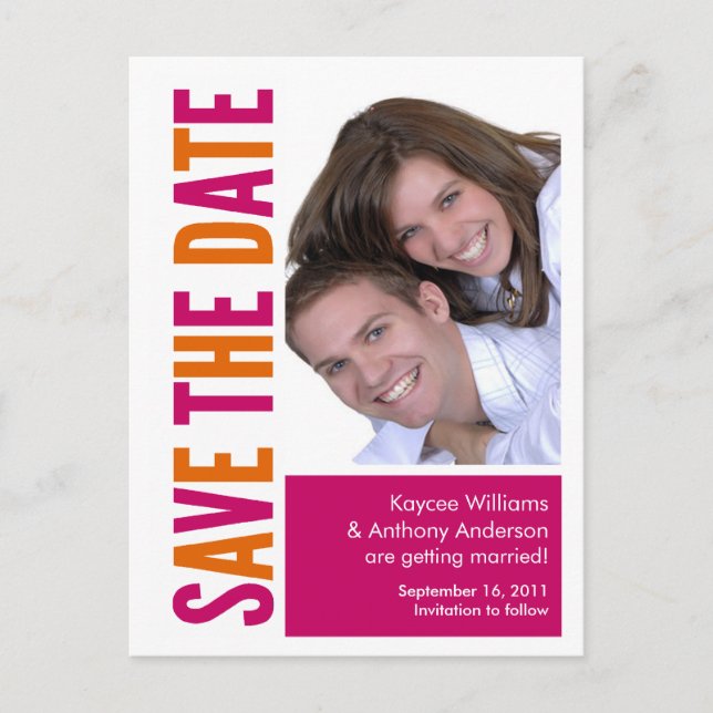 Save The Date Photo POSTCARD! Orange & Pink Announcement Postcard (Front)