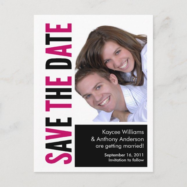 Save The Date Photo POSTCARD Pink & Black (Front)