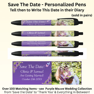 Save The Date - Photo + Purple Mauve Flowers Black Ink Pen