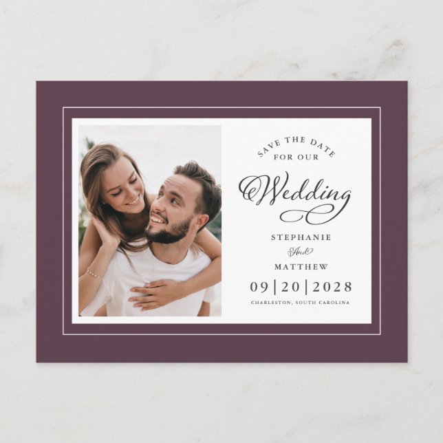 Save The Date Photo Purple & White Elegant Wedding Announcement Postcard (Front)
